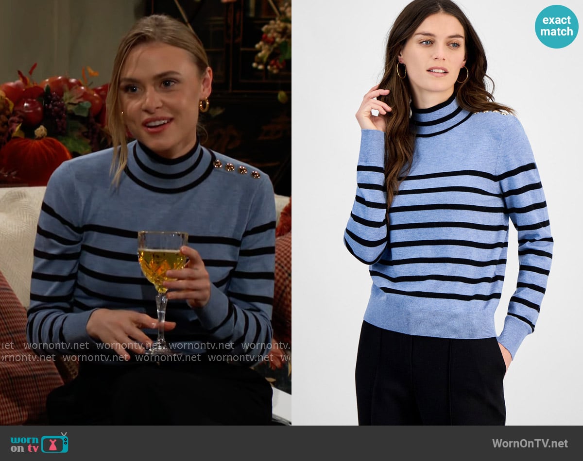 T Tahari Striped Mock-Neck Long-Sleeve Sweater in Fountain Heather Blue worn by Claire Grace (Hayley Erin) on The Young and the Restless