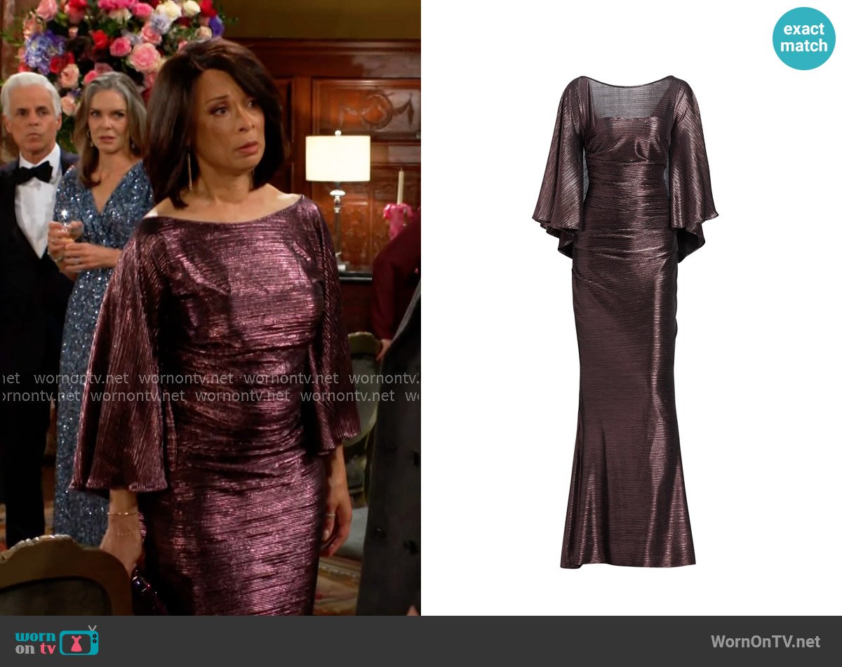 Talbot Runhof Pleated Metallic Satin Mermaid Gown in Rosewood worn by Amy Lewis (Valarie Pettiford) on The Young and the Restless