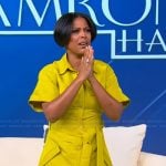 Tamron’s yellow leather belted dress on Tamron Hall Show