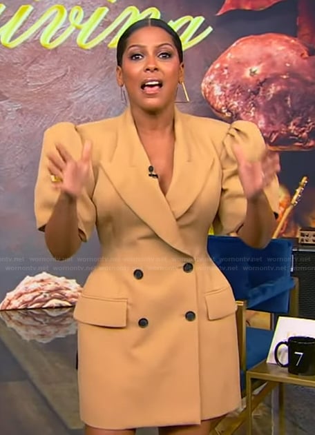 Tamron’s beige blazer dress on Tamron Hall Show