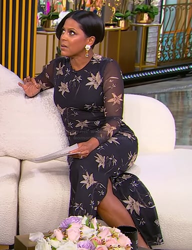 Tamron's black floral mesh dress on Tamron Hall Show