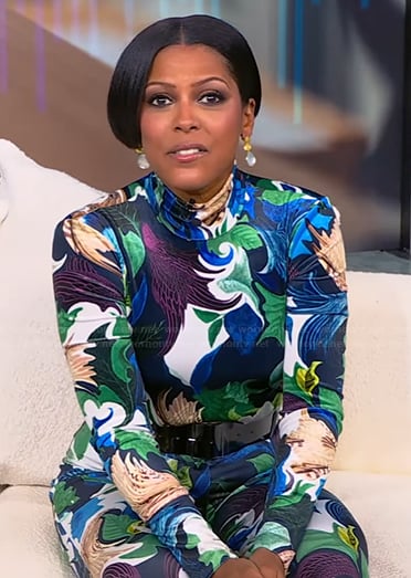 Tamron's floral print bodysuit and pants on Tamron Hall Show
