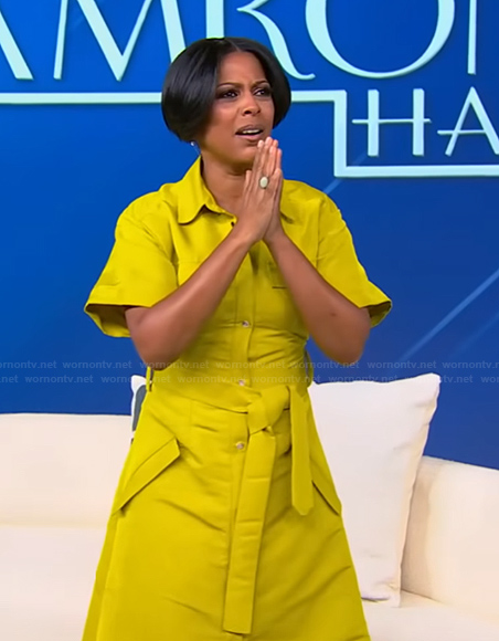 Tamron’s yellow leather belted dress on Tamron Hall Show