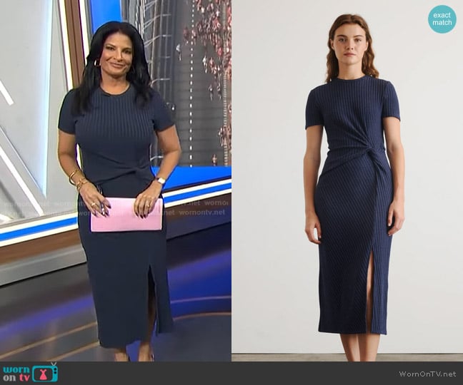Darlene’s navy ribbed knot dress on Today