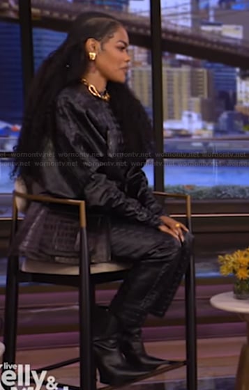 Teyana Taylor’s black leather jacket and pants on Live with Kelly and Mark