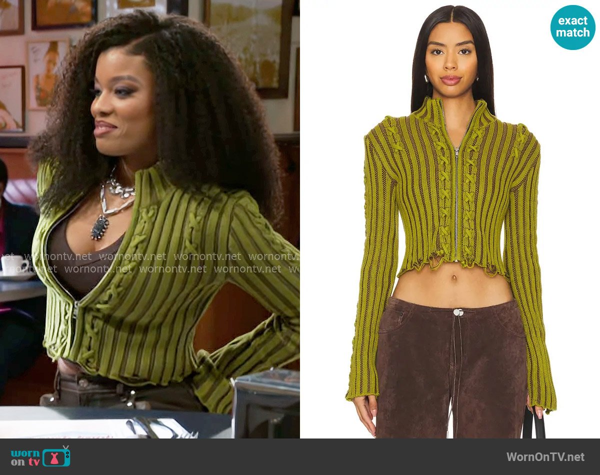 TG Botanical Tracy Jacket in Wormwood & Truffle worn by Eva Thomas (Ambyr Michelle) on Beyond the Gates