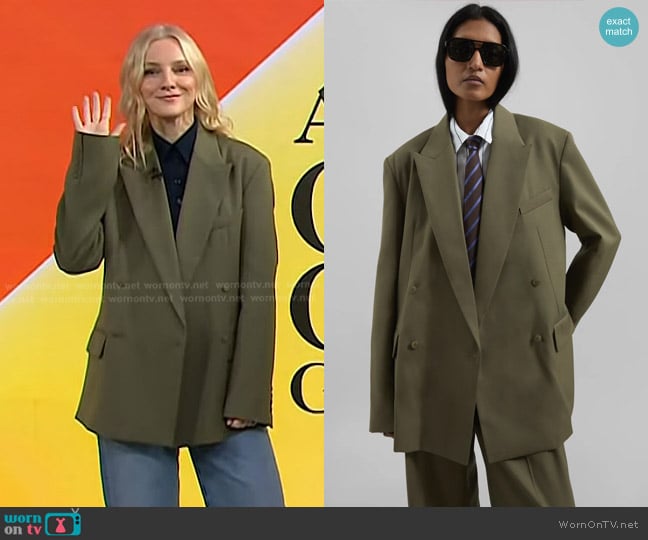 The Frankie Shop Newark Double Breasted Blazer in Khaki worn by Laura Brown on Today