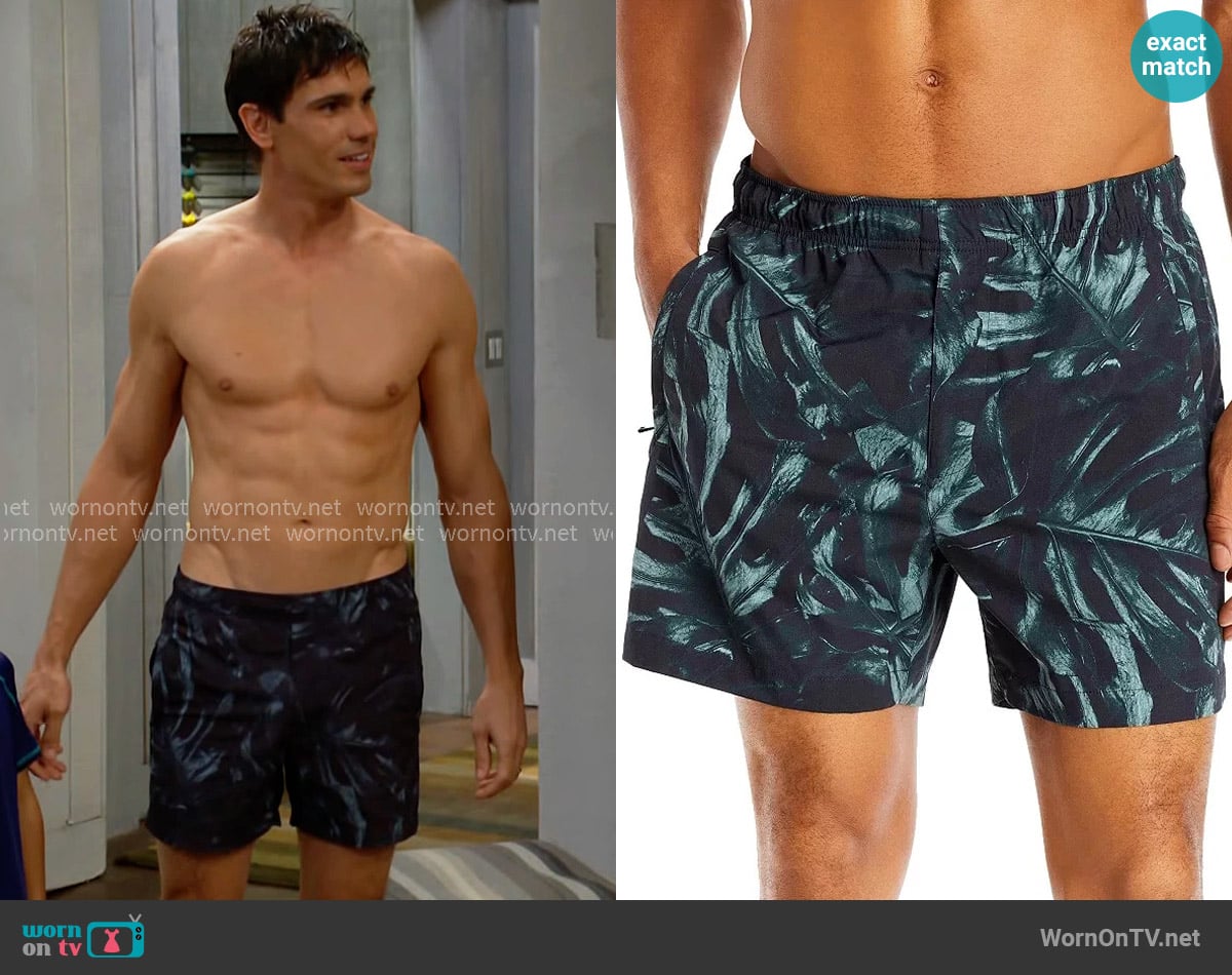 Theory Jace Palm Print Swim Shorts worn by Dr. John Finnegan (Tanner Novlan) on The Bold and the Beautiful