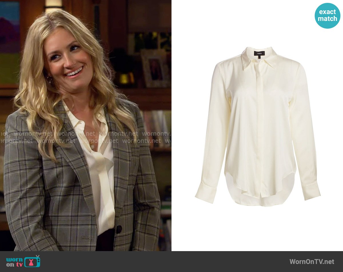 Theory Sunaya Silk Blouse in Ivory worn by Gemma (Beth Behrs) on The Neighborhood