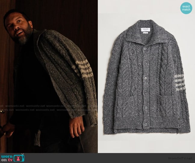 Thom Browne Donegal Cable Cardigan Medium Grey worn by Reggie Ramirez (O-T Fagbenle) on Alls Fair