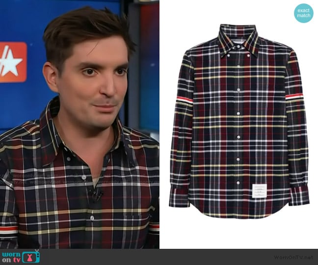 Thom Browne Tartan-check flannel shirt worn by Zach Sang on Access Hollywood