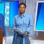 Zinhle’s tie waist denim jacket and asymmetric skirt on NBC News Daily