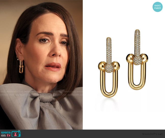 Tiffany & Co Large Link Earrings in Yellow Gold with Pavé Diamonds worn by Carrington Lane (Sarah Paulson) on Alls Fair