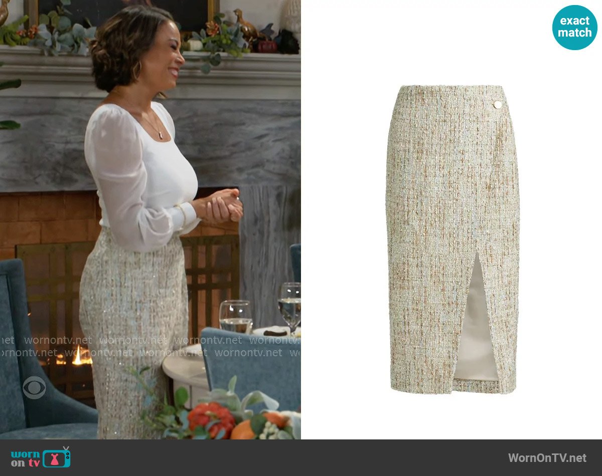 Toccin Kate Tweed Button Wrap Skirt worn by Nicole Dupree Richardson (Daphnee Duplaix) on Beyond the Gates