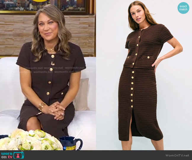 Toccin Short Sleeve Cotton Suiting Cardigan and Skirt worn by Ginger Zee on Good Morning America