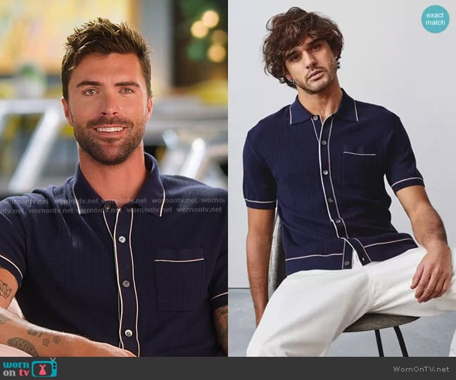 Todd Snyder Cotton Silk Tipped Full Placket Polo in Navy worn by (Tyler Stanaland) on Selling the OC