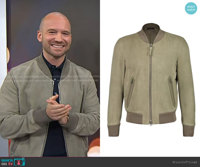 Tom Ford Suede Bomber Jacket in Pale Matcha worn by Sean Evans on Today
