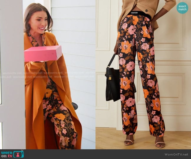 Tom Ford Velvet-trimmed Foral-print Pants worn by Bronwyn Newport on The Real Housewives of Salt Lake City