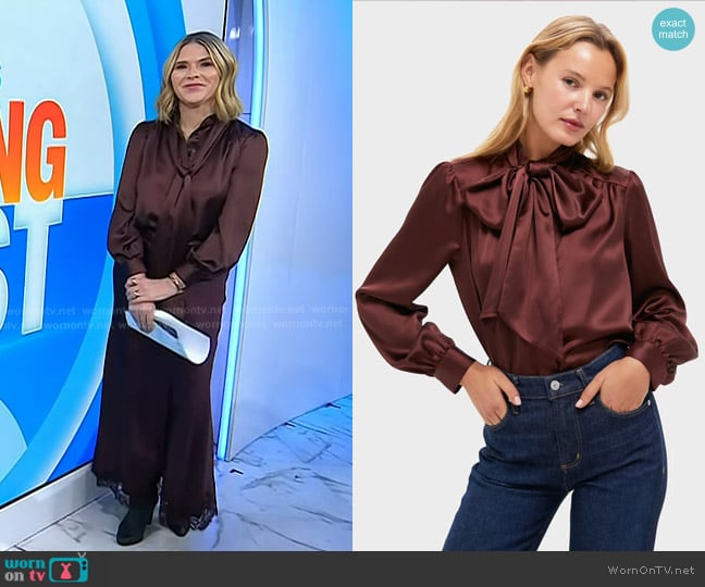 Tuckernuck Chocolate Satin Brianna Bow Blouse in Chocolate worn by Jenna Bush Hager on Today