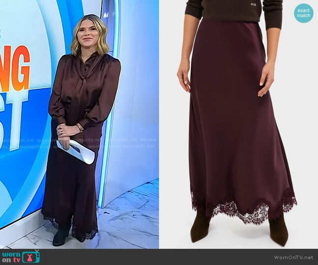 Tuckernuck Winetasting Satin Mischa Slip Skirt in Winetasting worn by Jenna Bush Hager on Today