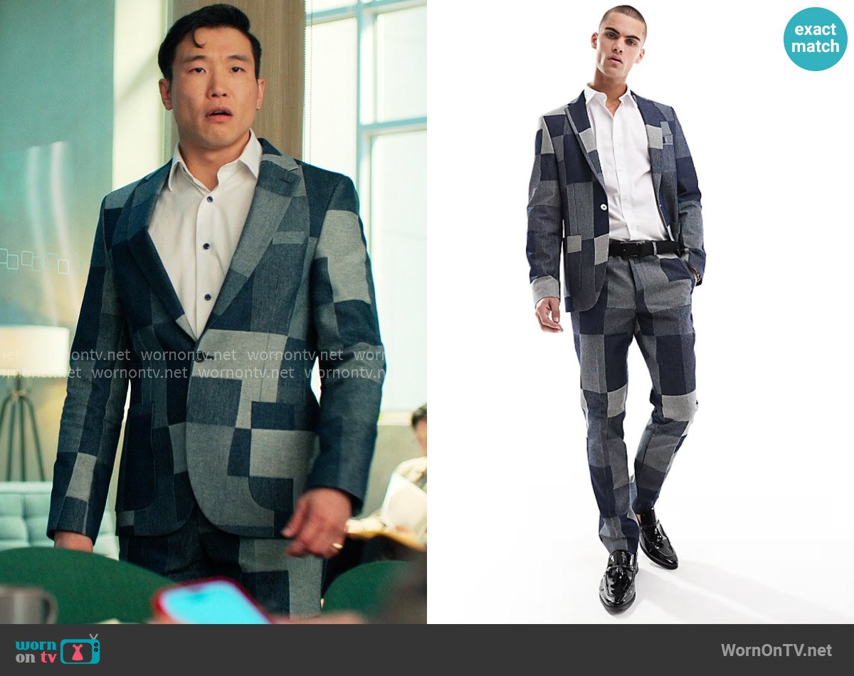 Twisted Tailor Suit Jacket in Denim Patch worn by Nicholas (Joel Kim Booster) on Loot
