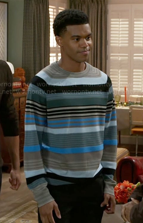 Tyrell’s blue striped sweater on Beyond the Gates