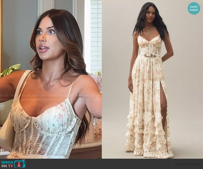 V. Chapman Carmen Corset Front-Slit Ruffled Gown worn by Demi Engemann on The Secret Lives of Mormon Wives