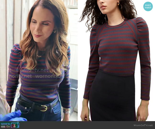 Veronica Beard Delano Striped Puffed Shoulder Top worn by Elizabeth Cook on CBS Mornings