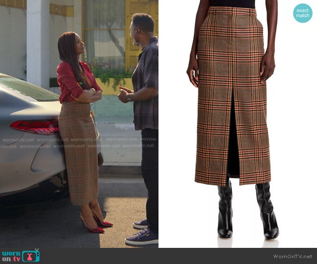 Veronica Beard Maxine Glen Plaid Wool Midi Skirt worn by Jax Stewart (Emayatzy Corinealdi) on Reasonable Doubt