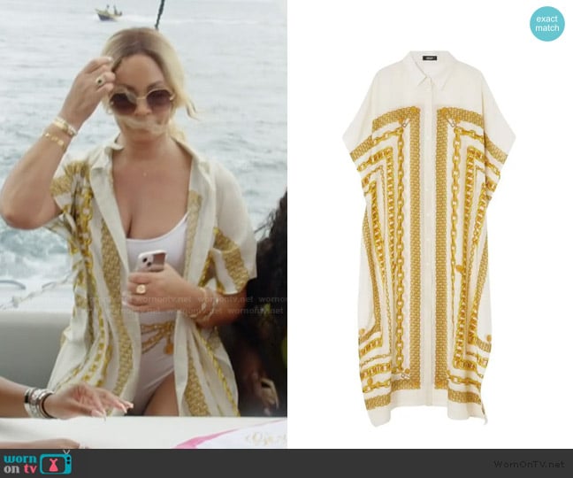 Versace  Treasure-print coverup worn by Gizelle Bryant on The Real Housewives of Potomac