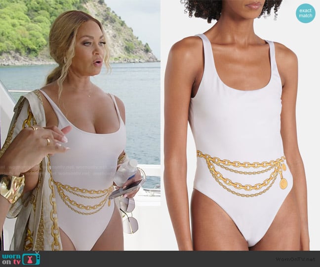 Versace Treasure-print swimsuit worn by Gizelle Bryant on The Real Housewives of Potomac