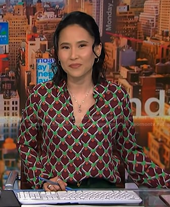 Vicky's brown geometric print blouse on NBC News Daily