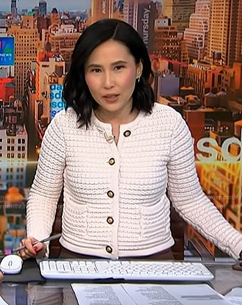 Vicky's white textured cardigan on NBC News Daily