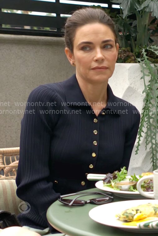 Victoria's navy button front dress on The Young and the Restless