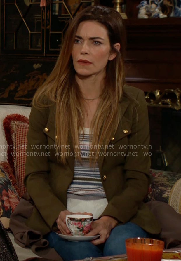 Victoria's striped knit top and olive green jacket on The Young and the Restless