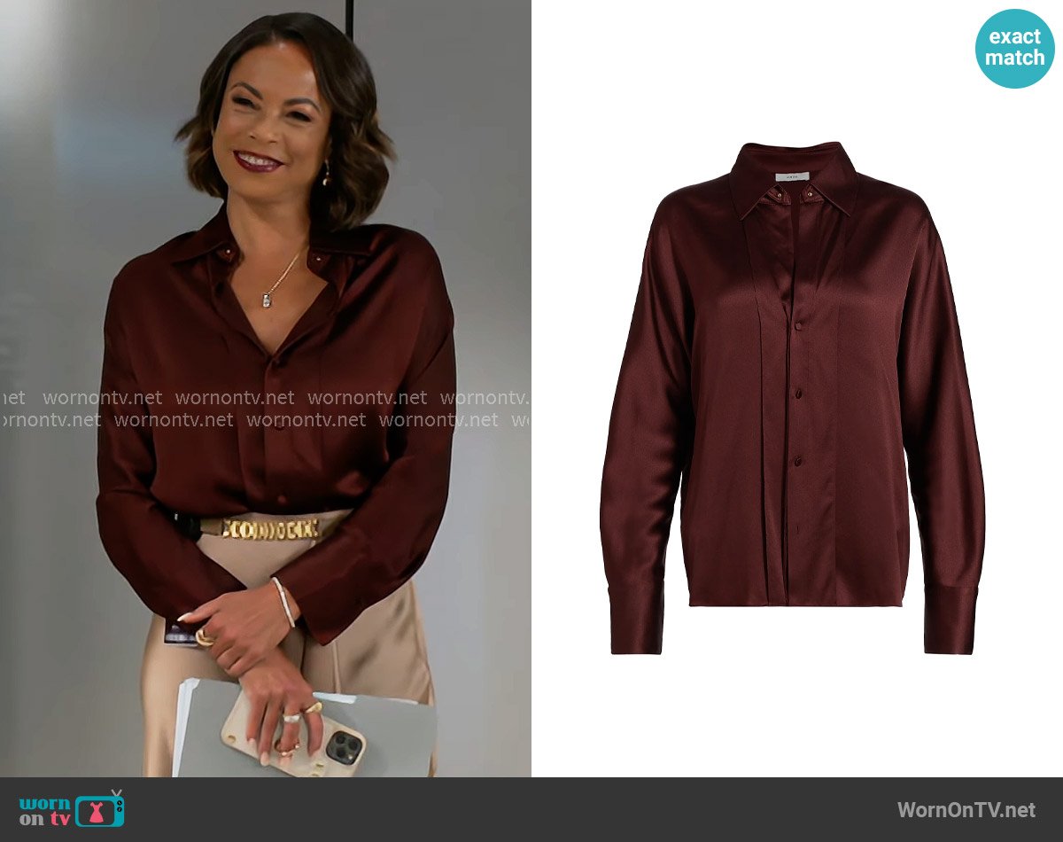 Vince Satin Button-Front Shirt in Black Rose worn by Nicole Dupree Richardson (Daphnee Duplaix) on Beyond the Gates