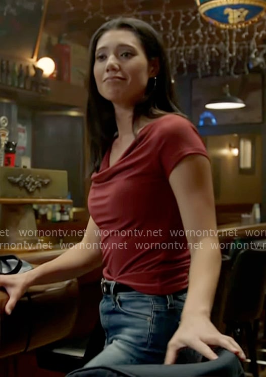 Violet's red cowl-neck top on Chicago Fire