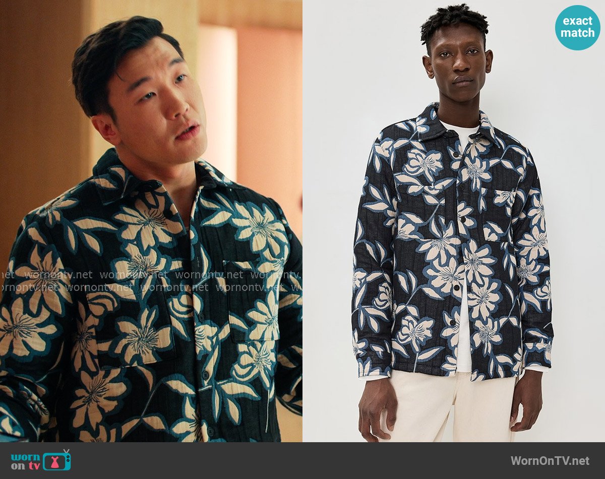 Wax London Otto Shirt Jacket in Ecru / Blue worn by Nicholas (Joel Kim Booster) on Loot