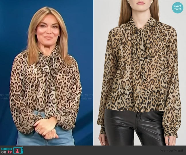 WayF X Sara Walker Leopard Georgette Blouse worn by Kit Hoover on Access Hollywood