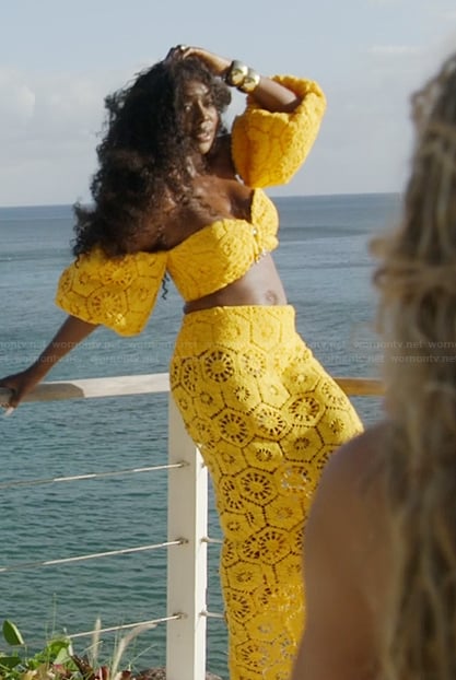 Wendy's yellow crochet knit top and skirt on The Real Housewives of Potomac