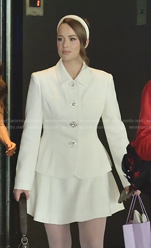 Whitney's white embellished button jacket on The Secret Lives of Mormon Wives