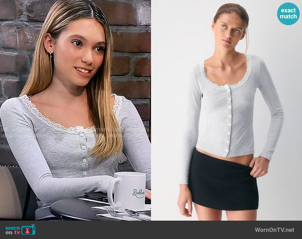 Wilfred at Aritzia GoodLux Berlin Longsleeve in Heather Chrome worn by Charlotte Cassadine (Bluesy Burke) on General Hospital