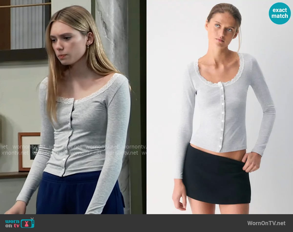 Wilfred at Aritzia GoodLux Berlin Longsleeve in Heather Chrome worn by Charlotte Cassadine (Bluesy Burke) on General Hospital