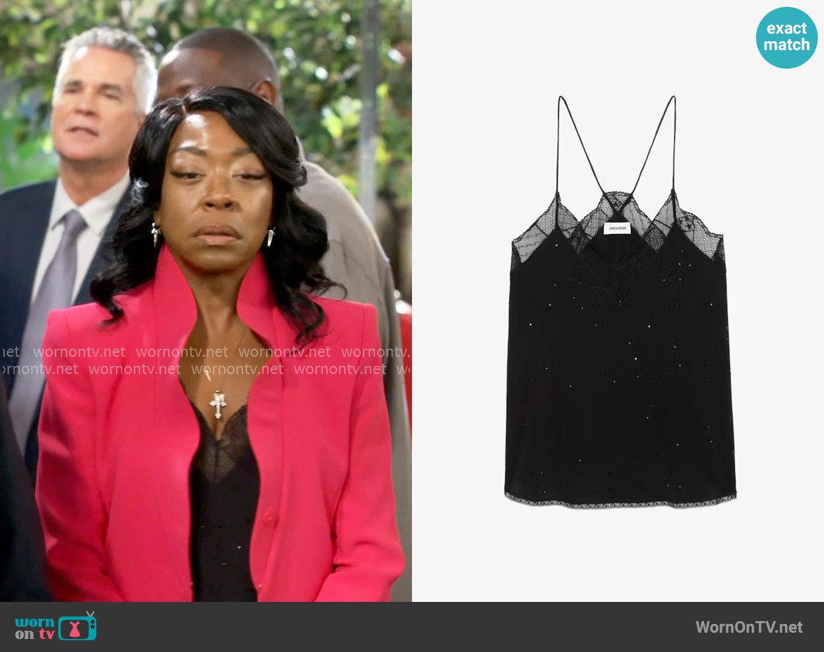 Zadig & Voltaire Christy Diamanté Silk Camisole worn by Tina Butler (Tichina Arnold) on The Neighborhood