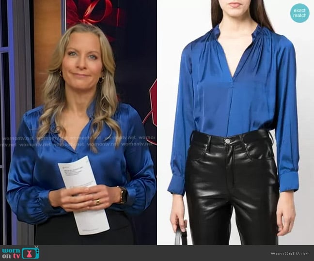 Zadig & Voltaire Tink Band-Collar Satin-Finish Blouse worn by Bekcy Worley on Good Morning America