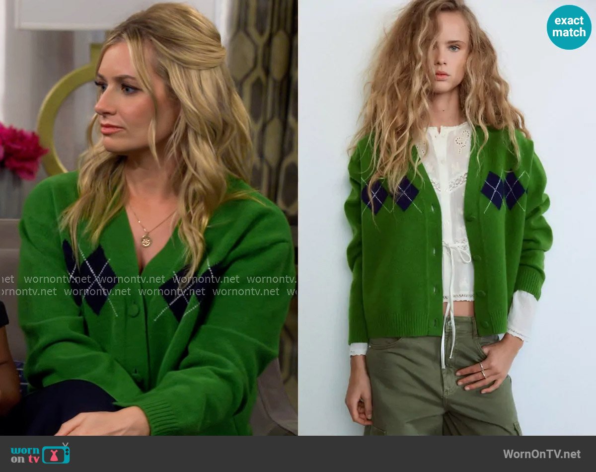 Zara Argyle Knit Cardigan worn by Gemma (Beth Behrs) on The Neighborhood