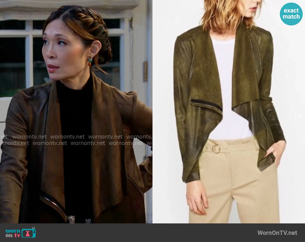 Zara Asymmetrical Suede Effect Jacket worn by Penelope Poppy Nozawa (Romy Park) on The Bold and the Beautiful