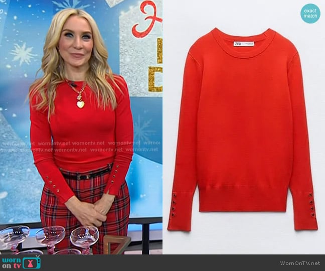 Zara Basic Knit Sweater in Bright Red worn by Chassie Post on Today