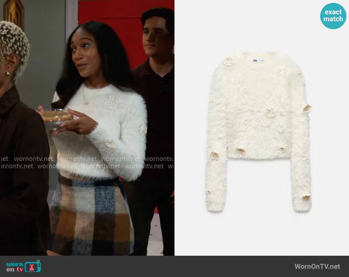 Zara Faux Fur Floral Sweater worn by Samantha Richardson (Najah Jackson) on Beyond the Gates