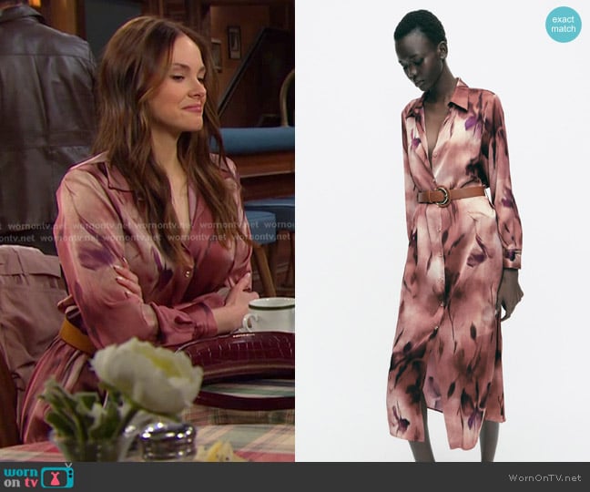 Zara Floral Satin Printed Midi Dress with Belt worn by Stephanie Johnson (Abigail Klein) on Days of our Lives